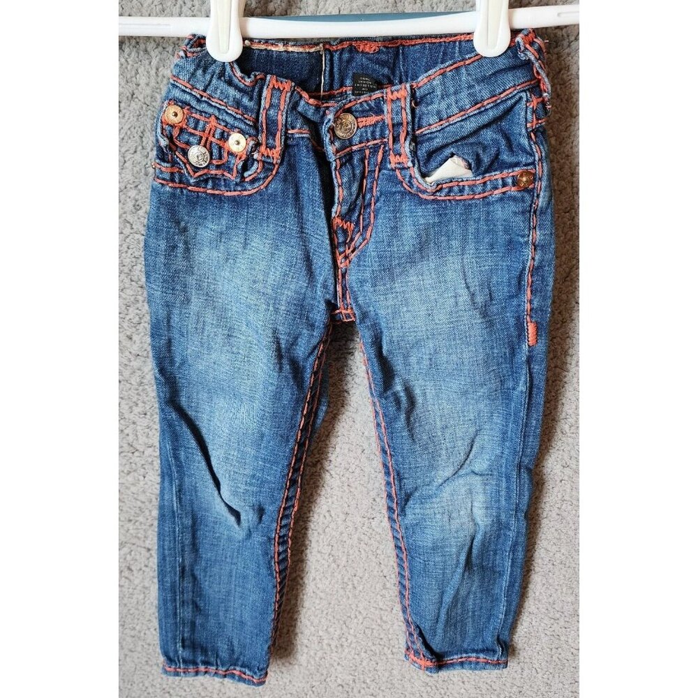 True Religion Girls Julie Super T Coral‎ Stitching Blue Jeans Toddler Girls Sz 4
